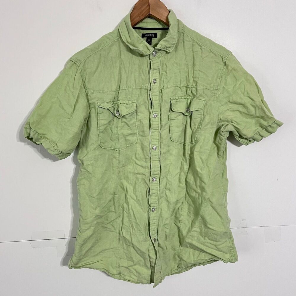 Apt 9 Mens Shirt Size M Sage Short Sleeve Button Up Collared Linen Blend Pockets